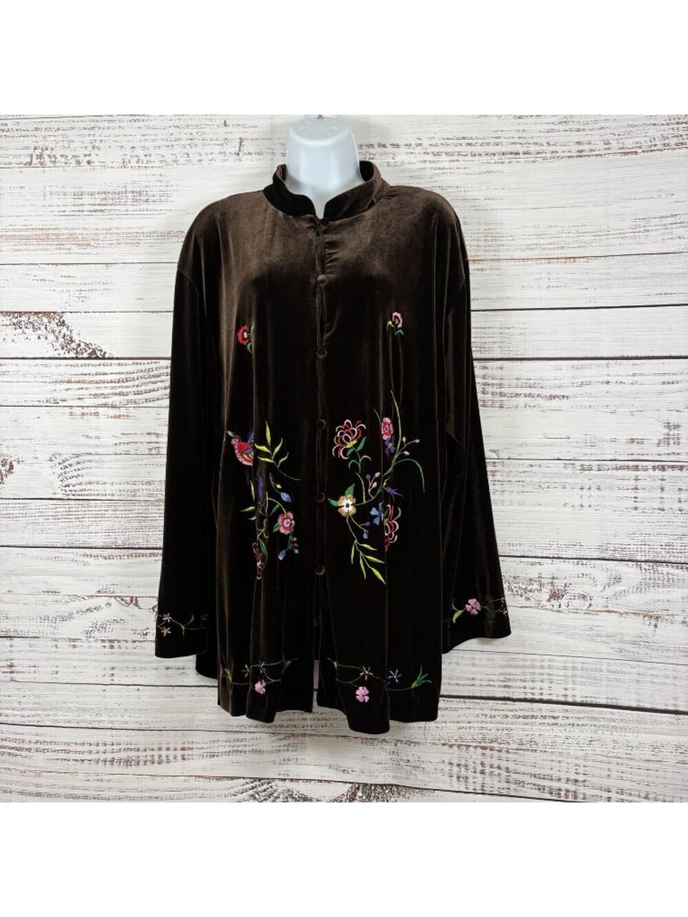 Susan Graver Brown Embroidered Velvet Button Long Sleeve Jacket